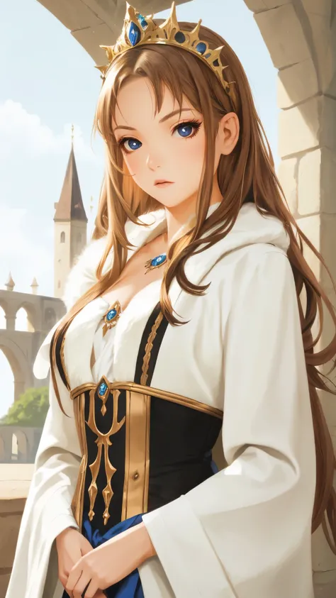 A girl with long golden hair, choppy bangs, Nordic heritage, a petite figure, delicate facial features, pale skin, porcelain skin, an innocent yet determined gaze, she wears an exquisite headband, dressed in a fantasy-style Slavic royal dress, a fur shawl ...