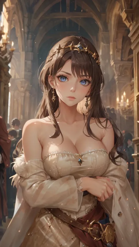 A girl with long golden hair, choppy bangs, Nordic heritage, a petite figure, delicate facial features, pale skin, porcelain skin, an innocent yet determined gaze, she wears an exquisite headband, dressed in a fantasy-style Slavic royal dress, a fur shawl ...