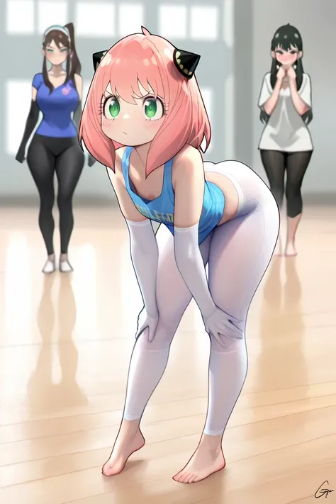 a full body girl, Anya (spy x family), Alone, , underwear, Gloves, elbow Gloves, green eyes, source_anime, ((masterpiece)), a full body girl,  charming beauty ,  blush,  pretty girl Tsundere, voluptuous body, , perfect attractive curvy slim body,  charming...