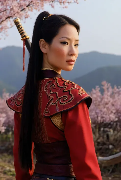 "Full-body portrait of Lucy Liu as Mulan from Disney's Mulan, wearing a stylized version of Mulan's traditional warrior outfit — red and dark armor with gold accents, sword in hand, long black hair tied back, standing in a dramatic battlefield landscape wi...