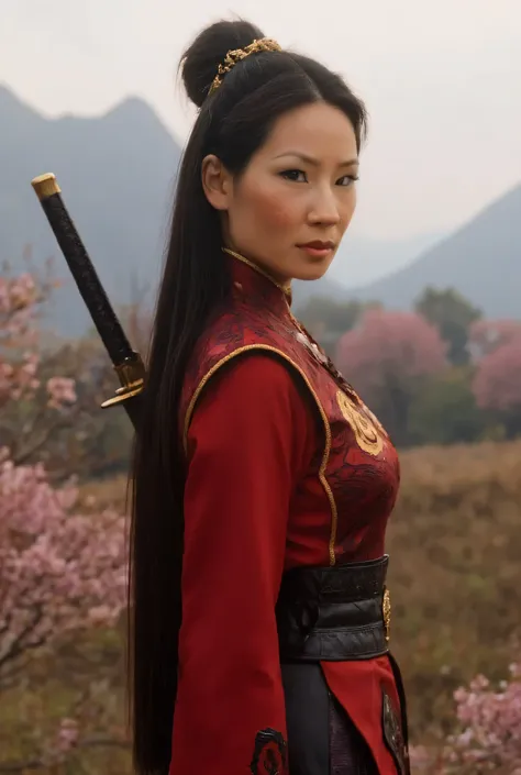 "Full-body portrait of Lucy Liu as Mulan from Disney's Mulan, wearing a stylized version of Mulan's traditional warrior outfit — red and dark armor with gold accents, sword in hand, long black hair tied back, standing in a dramatic battlefield landscape wi...