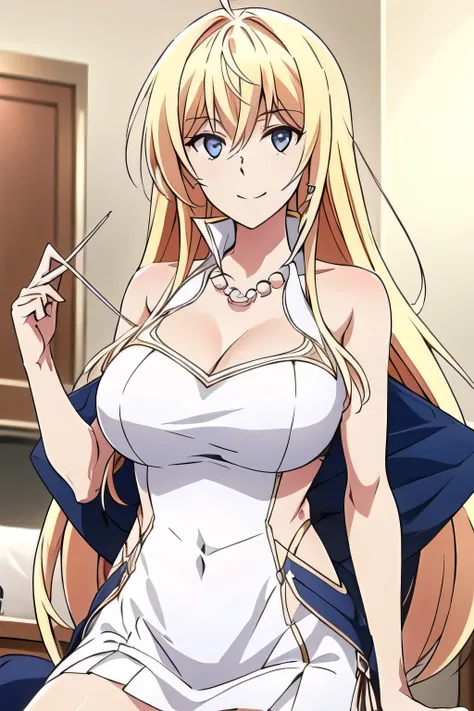 light blue sleeveless dress,navy blue pleated mini skirt，I need a face，Smiling in a quiet space，necklace、can you draw a classy woman wearing jewelry、long blond hair with waves,Can you draw a woman with a nice smile，Picture the big breasts taking a break on...