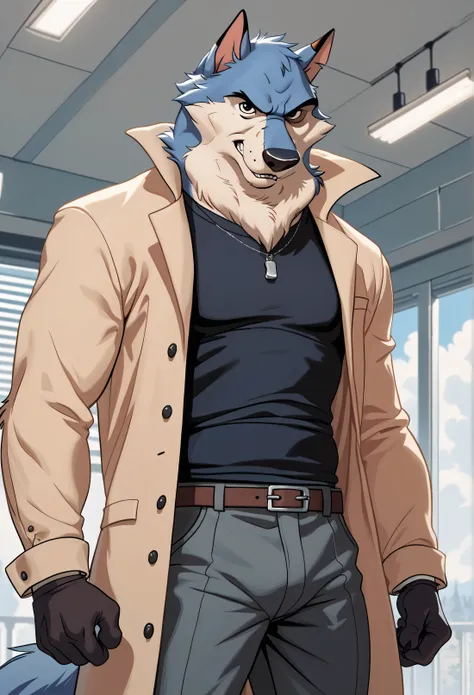 Kaltag pny, alaskan malamute, solo, detailed, detailed face, detailed eyes, anthro body, male, adult, very muscular:1.1, cartoon shading, cel shaded:1.0, flat colors, shirtless, wfa style, negger style, cartoony anatomy, above waist, looking at viewer, arm...