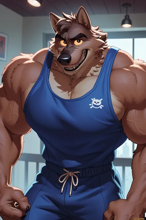 Mr Wolf, bg, 4k, high resolution, best quality, detailed, posted on e621, solo, anthro body, masculine, male, (very muscular, defined muscles):1, simple background, correct anatomy, (detailed eyes:1.1), sexy, (cel shaded, cartoony shading, strong shadows, ...