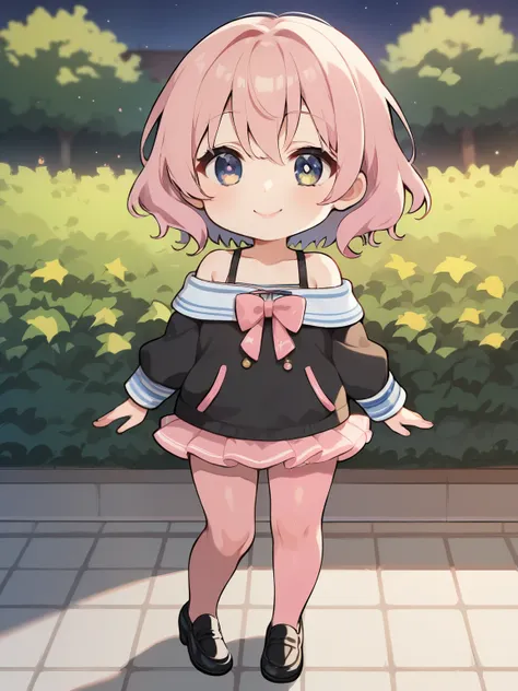 score_9, score_8_ up, score_7_ up, score_6_ up, score_5_ up, anime，nsfw，( chibi:1.3)，very real,  (masterpiece,  attention to delicate eyes  : 1.2), (cute)，young ，Petite，skinny，Smooth  , Shiny black pink hair ，Night in the Park，smile,The length of the hair is up to the shoulders ,   In contrast to her very pale skin  .  your eyes are deep blue  , Plump,  radiant pink lips  . Her gaze is sharp，Mystery， She has a clear face ,   She's a girl with a beautiful face and sharp expression   , off-shoulder、 white mini sweatshirt dress 、Pink tights，black loafers，Kyoani Style，glitter，