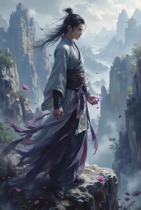 A young cultivator standing on a rocky cliff under a twilight sky, dressed in flowing tunic of shades of gray and dark purple. His gaze is distant and sad, reflecting scars from past battles, as a subtle flame of silver Qi vibrates in his palm. Ao fundo, f...