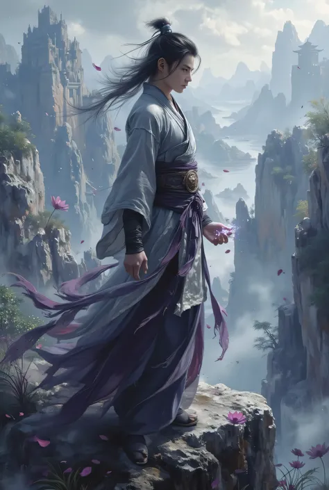 A young cultivator standing on a rocky cliff under a twilight sky, dressed in flowing tunic of shades of gray and dark purple. His gaze is distant and sad, reflecting scars from past battles, as a subtle flame of silver Qi vibrates in his palm. Ao fundo, f...