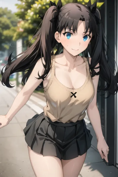 blue sleeveless dress，navy blue pleated mini skirt，Can you draw a woman with a nice smile，I need a face，Please wear a black micro mini skirt， Red sleeveless sweater， black twin tails,{{X}},can you draw a woman with a nice smile,Big Breasts，I'm drawing her ...