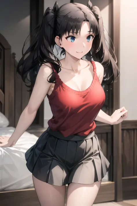 blue sleeveless dress，navy blue pleated mini skirt，can you draw a woman with a nice smile，I need a face，wear a black micro mini skirt， Red sleeveless sweater，  Black Twin Tails ,{{X}},can you draw a woman with a nice smile,Big Breasts，I'm drawing her expre...