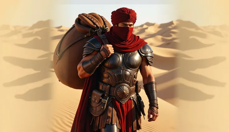Generate image. Hercules walking in the Sahara. He wears leather armor, a red cape and carries a large leather saddlebag. He has a cloth on his head forming a type of turban and with part of it covering his face.