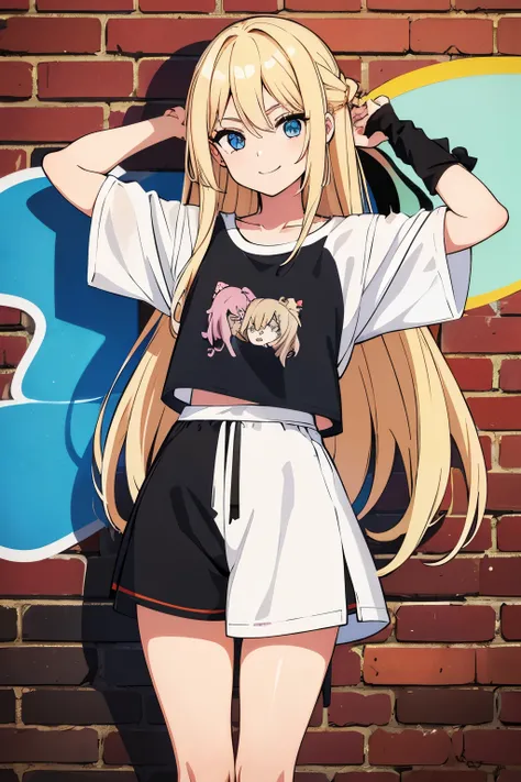    A young anime girl, bonita, 18 anos, long blond hair, olhos azuis, wearing an elongated white t-shirt and black shorts, smiling and posing on a brick wall with graffiti ((melhor qualidade)), ((obra prima)), (( detalhado)), ((hd)), ((vista do alto))
