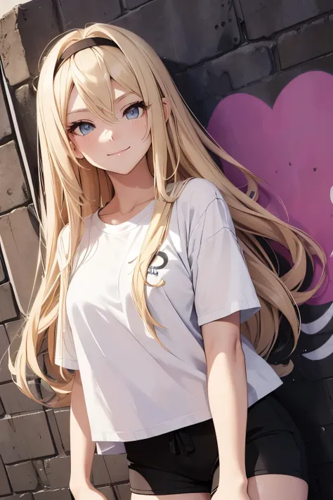    A young anime girl, bonita, 18 anos, long blond hair, olhos azuis, wearing an elongated white t-shirt and black shorts, smiling and posing on a brick wall with graffiti ((melhor qualidade)), ((obra prima)), (( detalhado)), ((hd)), ((high angle))