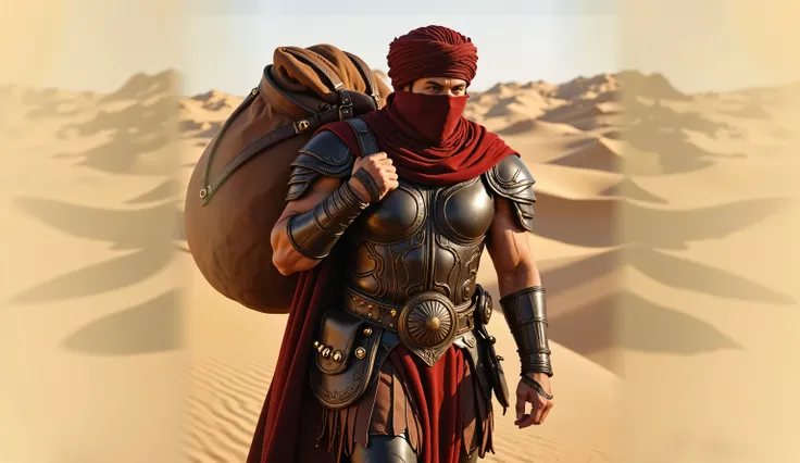 Generate image. Hercules walking in the Sahara. He wears leather armor, a red cape and carries a large leather saddlebag. He has a cloth on his head forming a type of turban and with part of it covering his face.