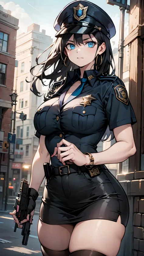 police officer, holding a handgun, black hair, gunfire