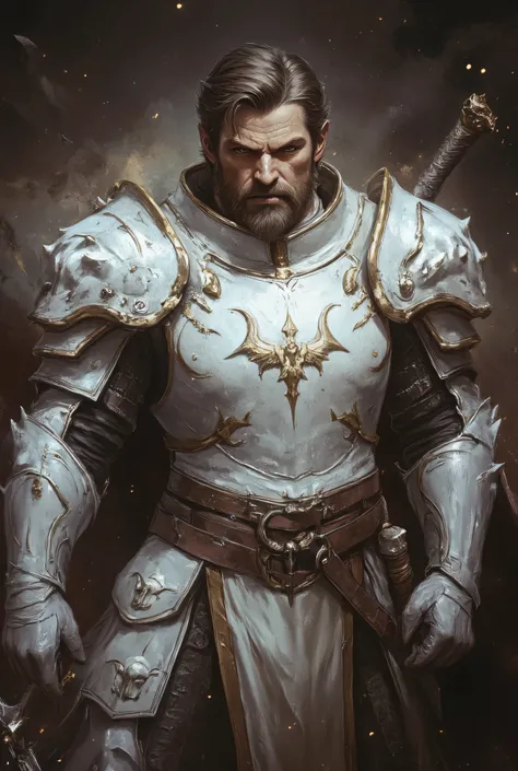 male paladin, white full plate armor, character concept art, detailed portrait, muscular build, heroic pose, determined expression, chiseled facial features, intricate armor details, 8K , photorealistic , masterpiece , ultra-detailed , vivid colors , drama...
