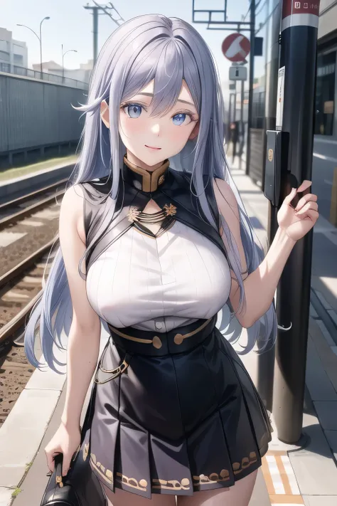 Sleeveless plain clothes sweater，Can you draw a woman in a dark blue pleated mini skirt，I need a face，pleated micro mini skirt，nice smilesの女性，Big Breastsでもウエストが細い，My nipples are pointed、It's see-through when it's wet，Big BreastsをさらにBig Breastsに描いて下さい，，nice...