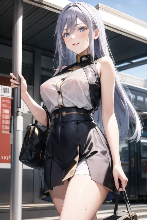 nice smilesの女性，I need a face，My whole body is soaked in rain，Transparent skin、Sticking nipples，Big Breastsでもウエストが細い，My nipples are pointed、It's see-through when it's wet，Big BreastsをさらにBig Breastsに描いて下さい，，nice smiles，Can you draw a woman looking at a train...