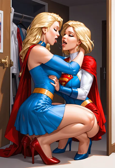 obra-prima, melhor qualidade, 2 meninas, Two plus-size women in Supergirl and Powergirl uniforms found locked in the closet. beijo, hug, (na parede ), (suor:1.2), par, (corar), (trace of saliva), bunda grande, saia levantada, calcinhas de renda, meias alta...