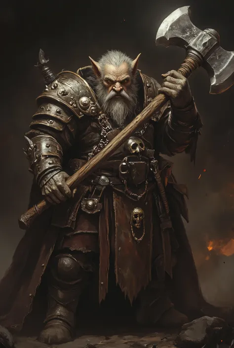 male dwarf holding warhammer, character concept arta male dwarf with a grizzled, weathered face, thick brow and square jawline, wearing a sturdy leather and chain mail outfit, holding a massive ornate warhammer in a battle-ready stance, detailed facial fea...