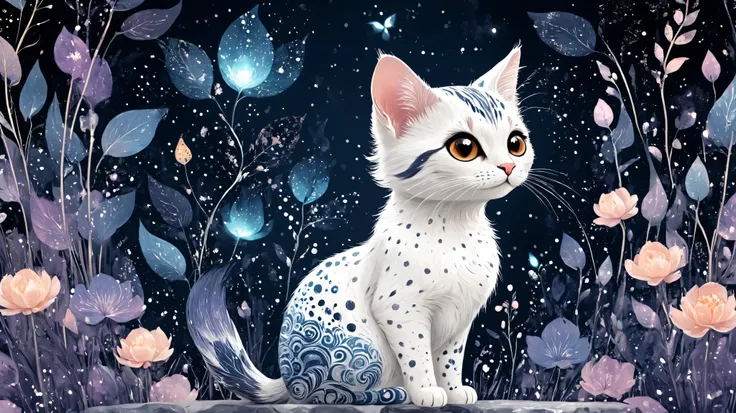Cute magic fantasy animal (gato) illustration in Novuschroma style with patterns