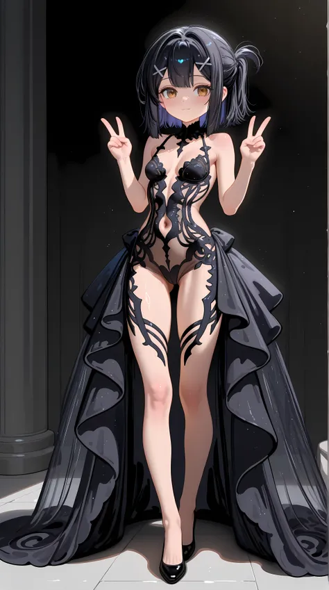 wide shot,full body,1girl,Miyu Edelfelt,,toddler,petite,cute face,light smile,solo,brown eyes,black hair,x hair ornament,small breasts,double V,cleavage see-through,navel,bare back,slim,slim legs,chronopattern dress,full bodystocking,revealing-clothes,look...