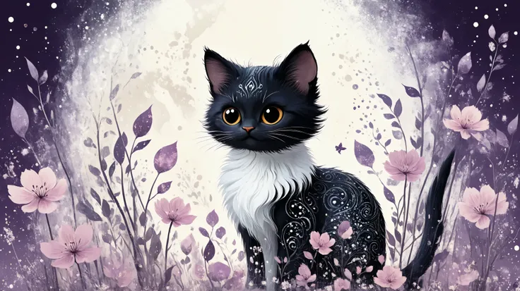 Cute magic fantasy animal (gato) illustration in Novuschroma style with patterns