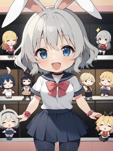score_9, score_8_ up, score_7_ up, score_6_ up, score_5_ up, anime，nsfw，( chibi:1.5)，1 girl on break day\(age Japanese gothic girl, 自来症のようなdelicateな日本の女の子, So beautiful、Very cute face, Very Large Breasts, surimi waist, blonde twin-tied, pastel colored short sleeve t-shirt with anime girl printed on it、I'm wearing a dark colored long sleeve t-shirt, ribbon,  check skirt, hair accessories, choker,   lots of metal accessories  , dark navy blue tights, smile\), the printing of her pastel tee is   chibi-anime-girl\(  Pastel Anime Illustration ,   chibi, simplified animated Sleep   chibi bunny girl, lies cute anime   chibi girl, Cute Grey Hair,  Grey Short Bob Hair , Sleep, Looks very happy,  Big Closed Eyes  , Long Rabbit Ears  ,  manga , lies, closing eyes and lies and Sleep\), (She is shopping at an anime goods store in Tokyo in Akihabara),   Very Cute Gothic Furniture 、comics、anime figure,( return,  angle viewed from behind,  big ribbon,  Please open your mouth wide , Soft material, Private elementary school uniform,  miniskirt, evening,  small breasts:1.2), Wet Close, stage, Big Rock,  thighs,( 3 beautiful girls, delicate:1.3)，Kyoani Style，glitter，
