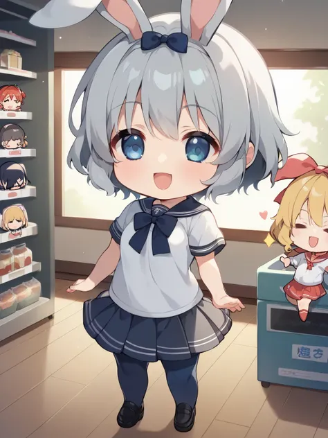score_9, score_8_ up, score_7_ up, score_6_ up, score_5_ up, anime，nsfw，( chibi:1.5)，1 girl on break day\(age Japanese gothic girl, delicateな日本の女の子, So beautiful、Very cute face, blonde twin-tied, pastel colored short sleeve t-shirt with anime girl printed on it、I'm wearing a dark colored long sleeve t-shirt, ribbon,  check skirt, hair accessories, choker,   lots of metal accessories  , dark navy blue tights, smile\), the printing of her pastel tee is   chibi-anime-girl\(  Pastel Anime Illustration ,   chibi, simplified animated Sleep   chibi bunny girl, lies cute anime   chibi girl, Cute Grey Hair,  Grey Short Bob Hair , Sleep, Looks very happy,  Big Closed Eyes  , Long Rabbit Ears  ,  manga , lies, closing eyes and lies and Sleep\), (She is shopping at an anime goods store in Tokyo in Akihabara),   Very Cute Gothic Furniture 、comics、anime figure,( return,  angle viewed from behind,  big ribbon,  Please open your mouth wide , Soft material, Private elementary school uniform,  miniskirt, evening,  small breasts:1.2), Wet Close, stage, Big Rock,  thighs,( 3 beautiful girls, delicate:1.3)，Kyoani Style，glitter，