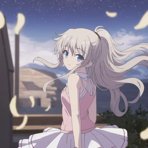 (best quality,   masterpiece, high-resolution),1 girl,alone,long hair, double ponytail，  bangs,Cowboy Shooter,  blurry,wind,lightweight particles,(super detailed),  REAL LIGHTING , 4K,  8,000,white dress ,  skirt，White hair, long hair，night，Sky，Star，Stars，...