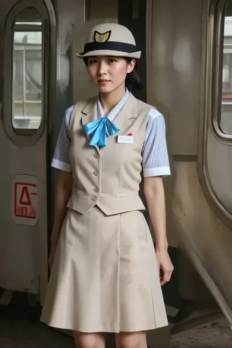 (masterpiece:1.2, Highest Quality:1.2), 32kHDR, high definition, (alone、one girl on break day)、( Daytime building roof 、Professional Writing)、With the roof of the building in the background 、(JR WOMAN Train Crew Uniform Beige Real Style)、((JR WOMAN TRAIN...