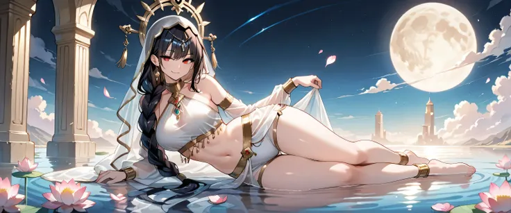 (masterpiece, best quality, ultra detailed, 4k, cinematic lighting, Arabian fantasy, divine atmosphere), she wear A fashion-forward outfit consisting of a white halter-style crop top made from layered, semi-transparent chiffon fabric with asymmetrical flow...