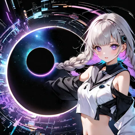 pops out composition、Fantasy World、Neon color electronic circuit on black background、Best Details、The World of Electronic Circuits、near future、Neon Colored Electronic Circuits on a Simple Black Background、(((Kakuhime with her upper body sticking out of a b...