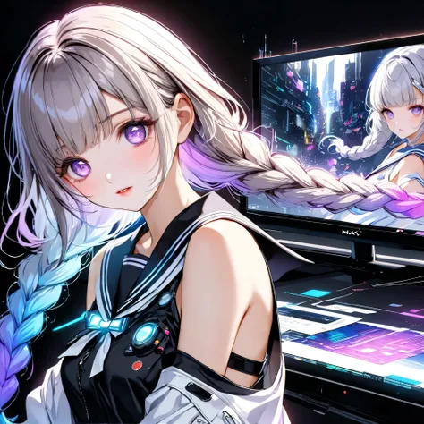 pops out composition、Fantasy World、Neon color electronic circuit on black background、Best Details、The World of Electronic Circuits、near future、Neon Colored Electronic Circuits on a Simple Black Background、(((Kakuhime popped out of a huge monitor))),1GIRL,p...