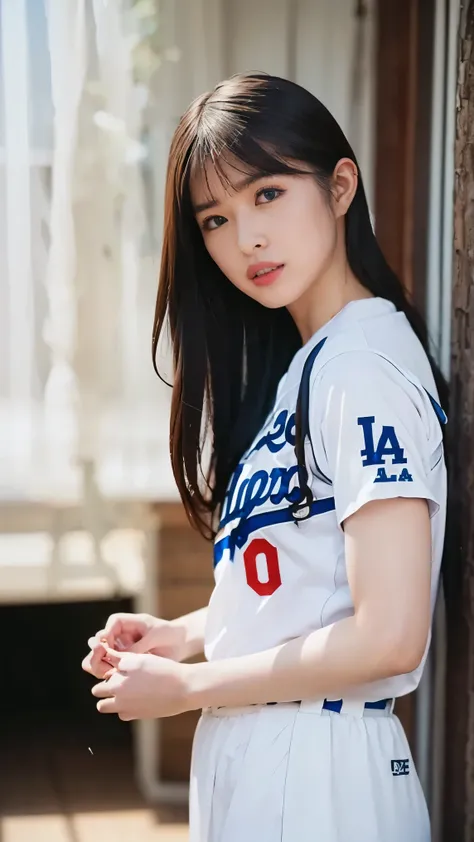 1 girl,  ((LA Dodgers uniform)), upper body, masterpiece, Highest Quality, Highest Quality, Movie Lighting, ( Stereo lighting ), extremely detailed CG unity 8kの壁紙, Concentrated, extremely detailed, surreal , Photorealistic, sharp concentration in nude clot...