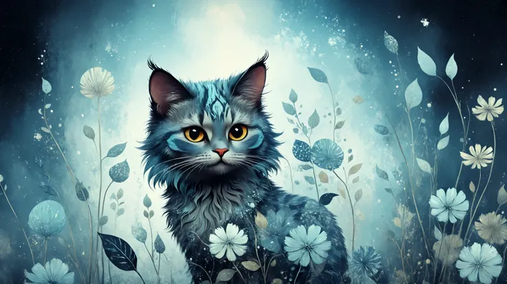 Cute magic fantasy animal (gato) illustration in Novuschroma style with patterns