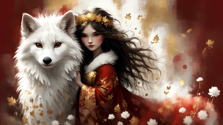 novuschroma style Fluffy magic full body girl fantasy illustration in Novuschroma style with color palette white patterns, red and gold