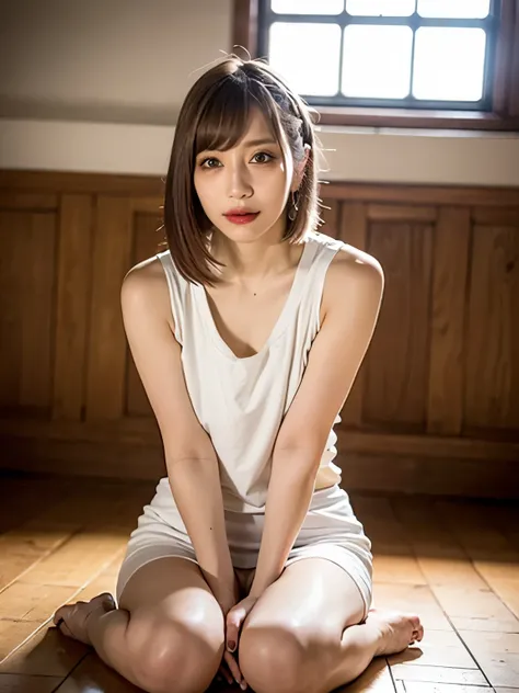 A young person、Sitting on the polished wooden floor of a brightly lit gymnasium, 、A relaxed posture with both arms wrapped tightly around legs and knees close to chest. and I see his white panties.  The soft light from the high window is reflected on the g...