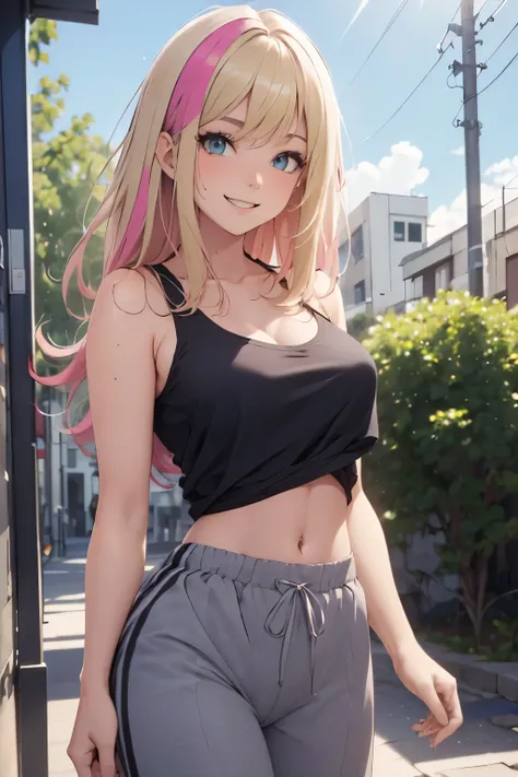   Jovem garota, 18 anos,  cabelos longos, loose and multicolored, Blonde hair and pink hair, wearing a tank top and black sweatpants,     smiling discreetly. melhor qualidade, hd, obra-prima, detalhado, vista do alto