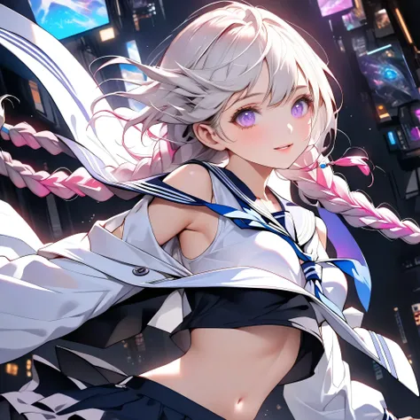 electronics、((Inuhime looking up at the parts with a fan in a milky white pillarless case、)))、near future、BEST DETAILS,(((Highest Qualityのキラキラした瞳)))、New design sailor combining neon color、1GIRL、pretty face、Baby Face、(((dynamic best composition、Highest Qual...
