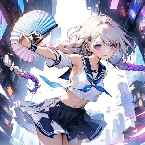 electronics、((Inuhime looking up at the parts with a fan in a milky white pillarless case、)))、near future、BEST DETAILS,(((Highest Qualityのキラキラした瞳)))、New design sailor combining neon color、1GIRL、pretty face、Baby Face、(((dynamic best composition、Highest Qual...