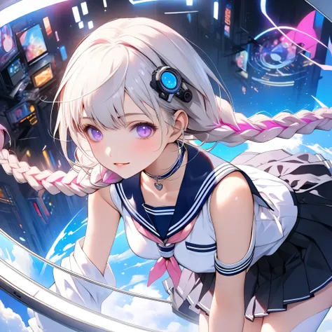 electronics、((Inuhime looking up at the parts with a fan in a milky white pillarless case、)))、near future、BEST DETAILS,(((Highest Qualityのキラキラした瞳)))、New design sailor combining neon color、1GIRL、pretty face、Baby Face、(((dynamic best composition、Highest Qual...