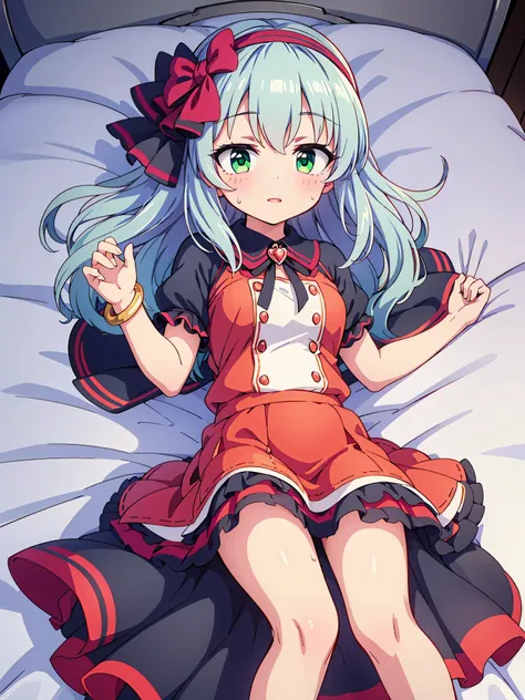 Highly detailed, high quality, masterpiece, beautiful, (all photo shooting), girl  student, lying down, showing vagina, with sweat on legs, perfect eyes, green eyes, light eyes, blushing face, happy face, big thighs, medium breast, short stature, long hair...