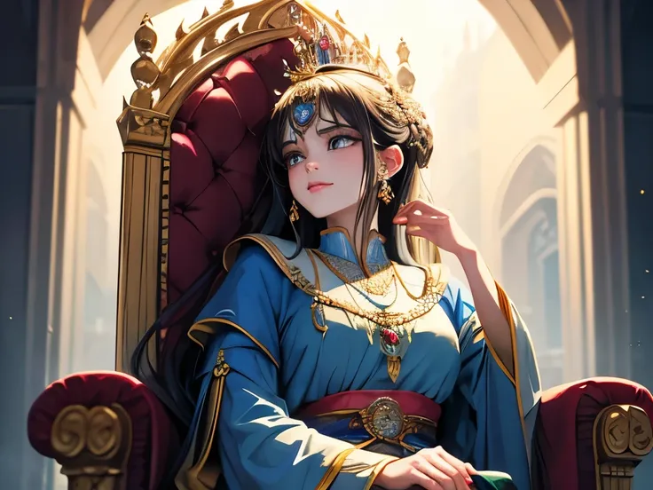 (full color,Fine),Noble queen,beautiful woman highlighting her lower lip,A luxurious palace,Throne,amazing shadows,grace,Solemn,fantasy,fantastic