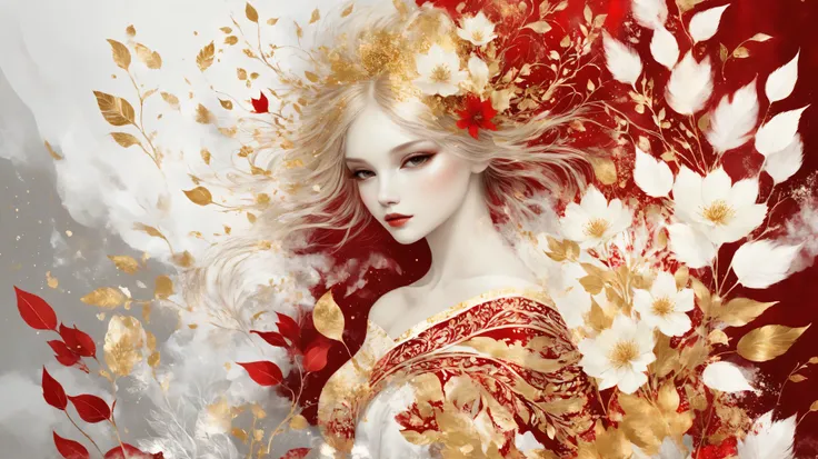 novuschroma style Fluffy magic full body girl fantasy illustration in Novuschroma style with color palette white patterns, red and gold