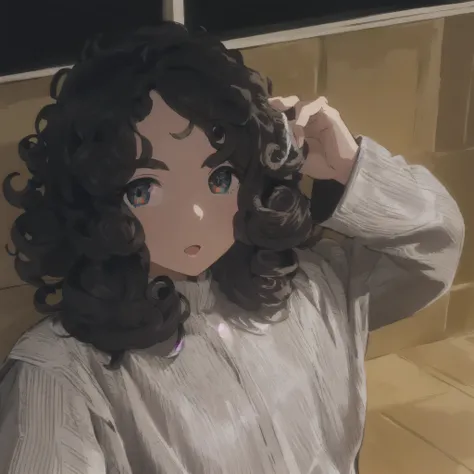 there is a woman that is brushing her hair with a brush, messy curly hair, mid shot portrait, with long hair, long messy curly hair, curly middle part haircut, no makeup wavy hair, with long curly hair, brown curly hair, with haunted eyes and curly hair, 🤤...