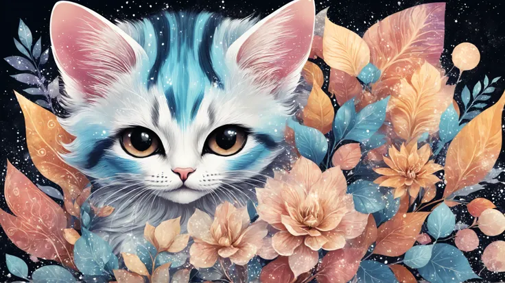 Cute magic fantasy animal (gato) illustration in Novuschroma style with patterns