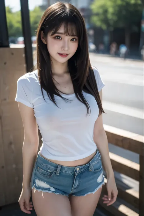 loose t-shirt、short、Transcendental Beauty、Dark gothic makeup、Sweat glistens on my face、Sweat glistening on thighs、 My thighs are sparkling with sweat 、long hair straight hair、very cute face、black knee-high socks、 Dark Black Thigh-High Socks 、In 8K、Dark Bl...
