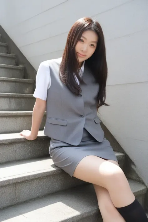 best quality、1 girl、japanoff1celady, office lady、brown hair、Longer than shoulder、gray vest、navy blue pencil skirt、I'm sitting on the stairs in the office district、 Beautiful Hip Line Is Visible、high socks（Up to the level of the knee）、黒い透明なhigh socks、black ...