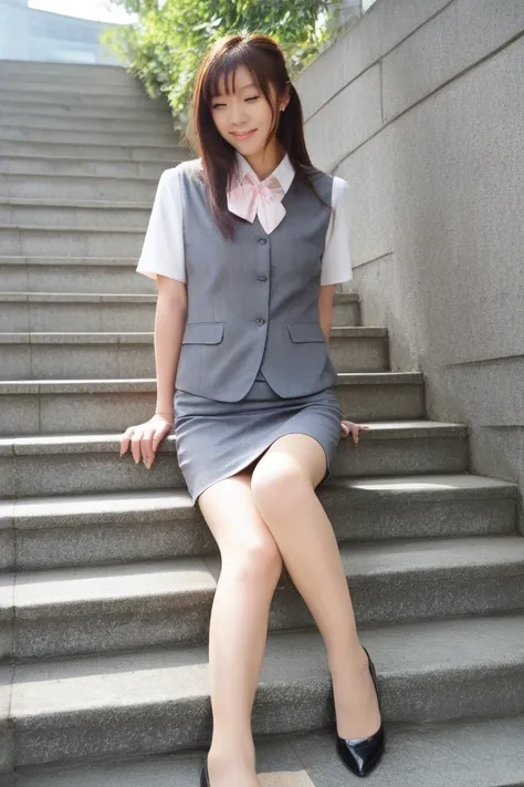 best quality、1 girl、japanoff1celady, office lady、brown hair、Longer than shoulder、gray vest、navy blue pencil skirt、I'm sitting on the stairs in the office district、 Beautiful Hip Line Is Visible、high socks（Up to the level of the knee）、黒い透明なhigh socks、black ...
