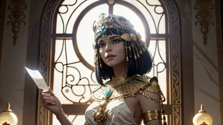 A semi-realistic digital painting of Cleopatra standing in her royal chamber, wearing a golden crown and elaborate Egyptian jewelry. She holds a scroll in one hand and gazes out of a large stone-framed window as sunlight casts shadows on her face. Ornate c...